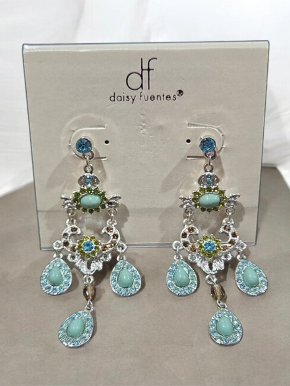 Teal and Aqua Multi-Drop Silver Chandelier Drop Earrings NWT